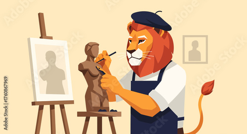 Lion Sculptor With Beret Creating A Torso Statue In His Studio