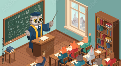 Owl Professor Teaches Math To Animal Students In Classroom Setting