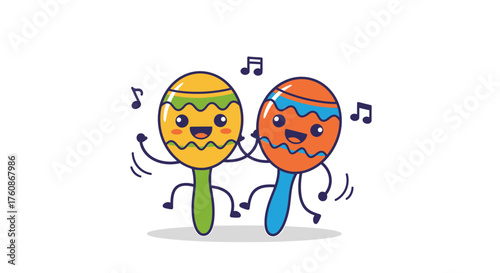 Two cute cartoon maracas with happy faces dancing and making music with musical notes floating around them on a white background.