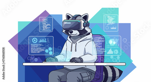 Raccoon Programmer In Virtual Reality With Data Visualization Elements