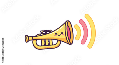 A cute cartoon illustration of a golden trumpet with a smiling face, emitting sound waves.