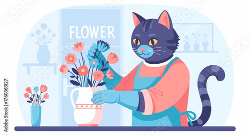 Stylish Feline Florist Arranging Flowers in a Flower Shop