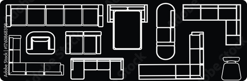High-contrast white outline furniture icons on a black background, representing a diverse collection of pieces in an architectural top view. Includes various couches, a double bed, armchairs, etc.