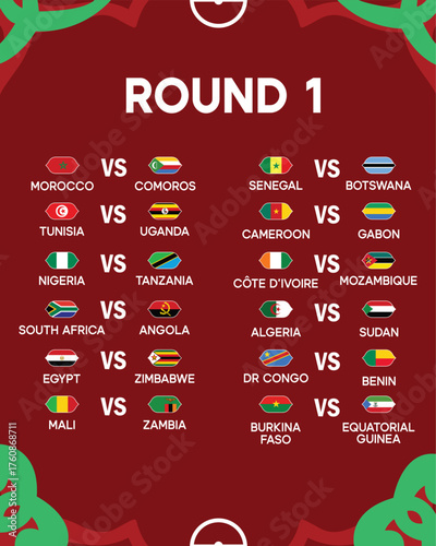 African Nations Morocco 2025 Matches Round 1 Teams Flags Countries African Football Symbol Logo Design Vector Illustration