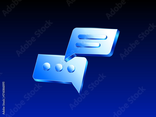Blue 3D chat bubble icon vector with speech balloons overlapping on a dark blue gradient background, symbolizing communication, messaging, and conversation in a modern digital style. Vector