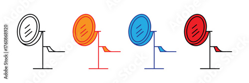 Collection of four vanity mirrors with different colored frames and bases, isolated on a white background