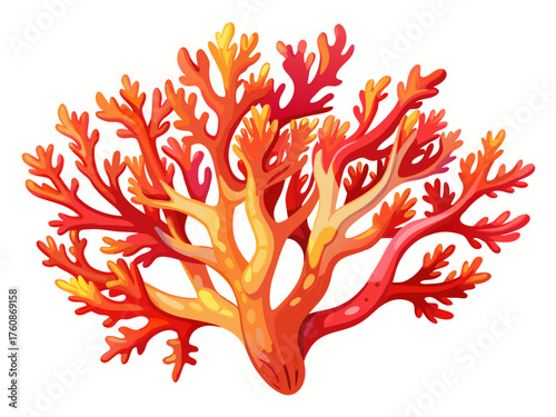 Realistic vector illustration of coral reef branch, vibrant red and orange colors, detailed texture, isolated on white background, marine nature design