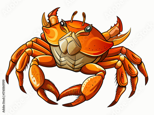Realistic vector of crab walking sideways, bright orange shell, detailed claws, isolated on white background, marine wildlife art