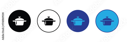 Set of four cooking pot icons in different colors black, white, dark blue, and light blue, isolated on white background