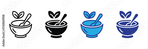 Mortar and pestle with leaves icon set, representing herbal medicine, natural remedies, and organic ingredients, isolated on white background