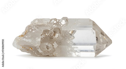 Clear Quartz Crystal Cluster With Sharp Faceted Points on White Background