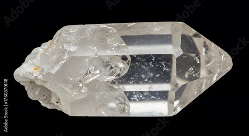 Clear Quartz Crystal Point Macro Shot Isolated on Black Background, Natural Mineral