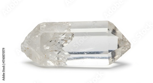Clear Quartz Crystal Point with Natural Inclusions and Rough Base Isolated on White