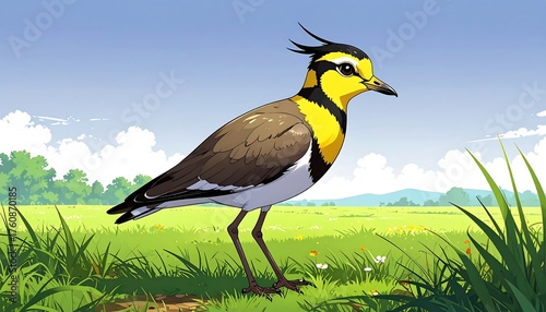A vibrantly colored bird with a distinctive crest stands in a field of green grass, with a bright blue sky and distant rolling hills