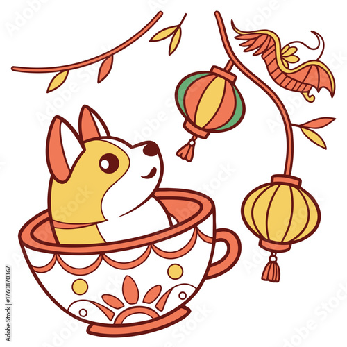 An adorable Dog with a Bashful vibe, in a teacup, and a Year of the Dragon (or relevant animal) Lunar New Year / Chinese New Year theme – SVG style