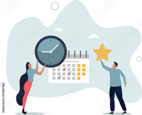 Time management.Cartoon tiny people schedule business tasks of month in calendar timetable.life and employment of people.