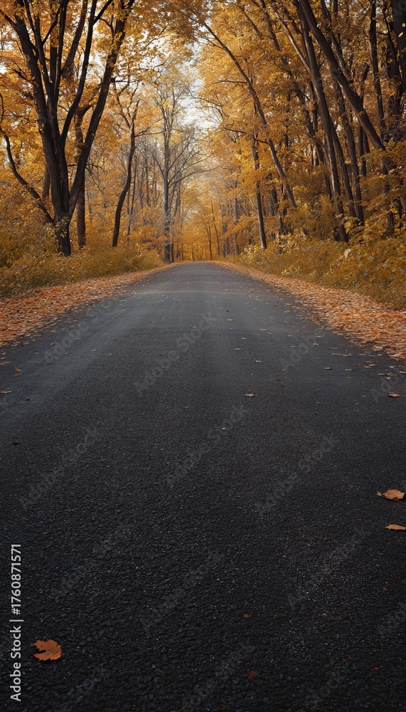 Fototapeta premium Serene autumn forest scene vibrant fall colors along an empty asphalt road in soft light