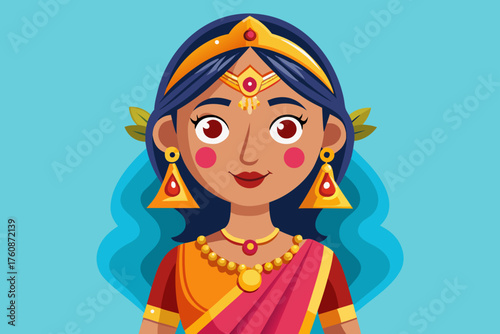 Indian woman dressed in colorful sari with golden border, jewelry, and henna design celebrating traditional Indian culture