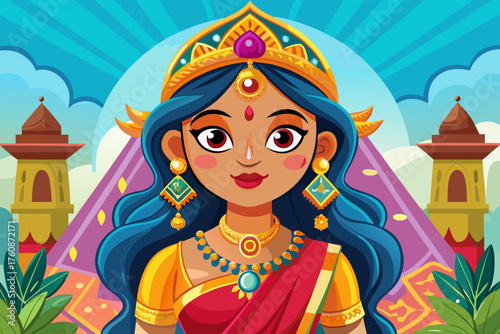 Indian woman dressed in colorful sari with golden border, jewelry, and henna design celebrating traditional Indian culture