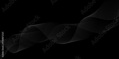 Abstract gray wave dynamic curve lines on black background. Wave modern stream transparent background. Digital various curved frequency track equalizer, geometric wave Curve flow motion line vector