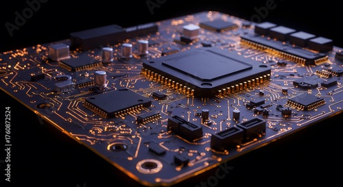 Close-up of a futuristic computer circuit board with glowing orange traces and microchips