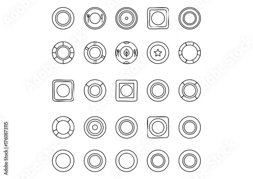 Vector Dinnerware Icon Set: Plates & Dishes, Monochrome Plate Icons: Food, Kitchen & Dining Symbols, Thick Line Plates Icon Pack: Black and White Tableware