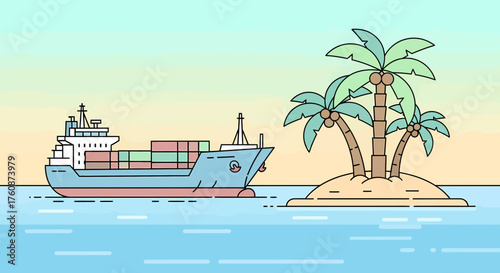 Cargo Ship Navigating Waters Near Deserted Island With Palm Trees