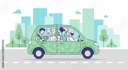 Diverse People Enjoying Car Ride Together in the City Scenery