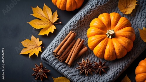 Autumnal still life with pumpkins cinnamon sticks and leaves on a knitted blanket background