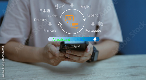 Person using AI voice assistant app for real-time language translation,Concept of artificial intelligence, speech recognition, multilingual technology, and smart communication future modern tools