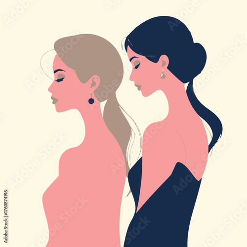 Elegant women in evening gowns with subtle emotions and striking jewelry are captured in a stylish artistic portrait