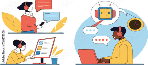 Customer service agent chatbot and user interface interaction concept illustration
