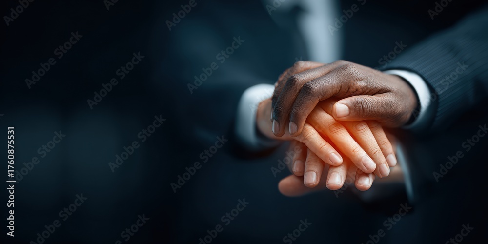 Obraz premium Business team stacking hands in supportive gesture symbolizing collaboration and leadership, diverse hands showing unity and trust in professional setting