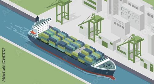 Isometric Cargo Ship Transporting Containers In Industrial Port