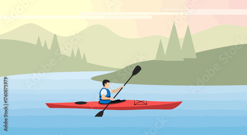 Kayaking Adventure On River During Sunset Or Sunrise