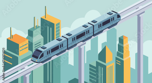 Modern Cityscape Featuring Elevated Train System Vector Illustration