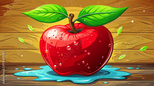 Very beautiful fresh red apple with sparkling water droplets and vibrant green leaves resting on a rustic wooden surface, capturing natural freshness, simplicity, and organic charm in a warm compositi