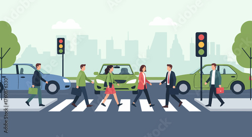 People Crossing The Street In A Cityscape Setting Illustration