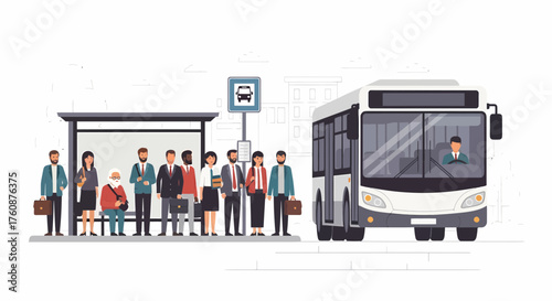 People Waiting For The Public Bus At The Bus Stop Illustration