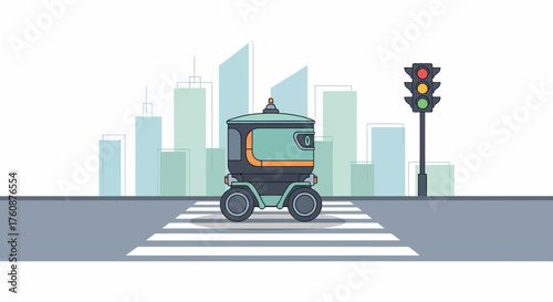 Self Driving Delivery Pod At Crosswalk In Urban Landscape