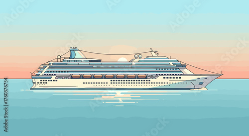 Stylish Cruise Ship At Sea Against Pastel Sunset Illustration
