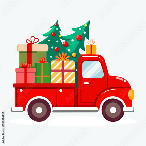 Charming vintage red truck laden with festive christmas trees and gifts vector illustration
