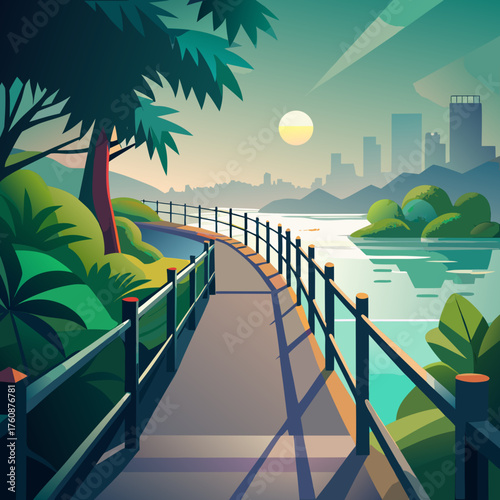 Serene riverside paved walkway with city skyline and full moon vector illustration