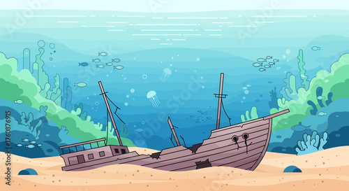 Underwater Scene With Shipwreck And Marine Life, Stylized Illustration