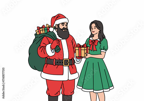 Santa Claus giving a Christmas gift to a woman dressed in a green dress, a festive holiday scene