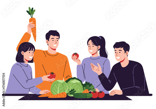 Healthy Eating and Nutrition A Group of Friends Enjoying Fresh Vegetables and Fruits for a Balanced Diet