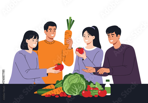 Happy people gathering fresh, healthy vegetables and fruits for a wholesome meal, promoting a vibrant and nutritious lifestyle