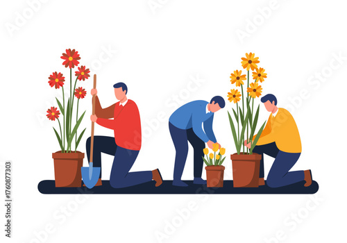 Three gardeners planting flowers in pots, enjoying the hobby of gardening on a sunny day