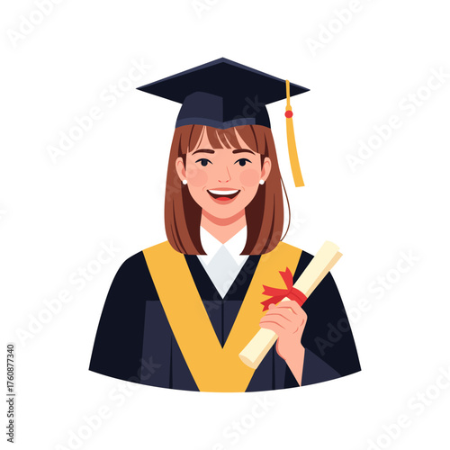 Smiling young woman in graduation cap and gown holding diploma, celebrating academic achievement and future success
