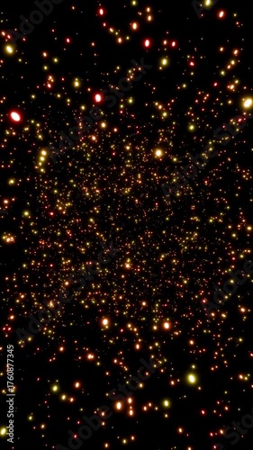 Vertical video parallax effect of glowing fiery particles rotating seamlessly 3d render. Looping abstract rotating particle overlay for greetings, holidays, weddings, awards, Christmas